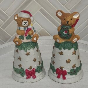 Vintage Christmas Teddy Bear and Mouse Ceramic Bells (Set of 2)
